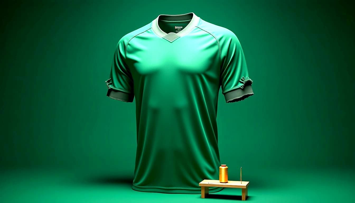 Forest green jersey with a tear, golden thread and needle ready for repair on the workbench